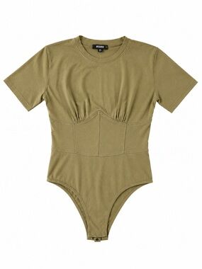 Missguided short sleeve bodysuit with corset-style waist, olive  green khaki, S